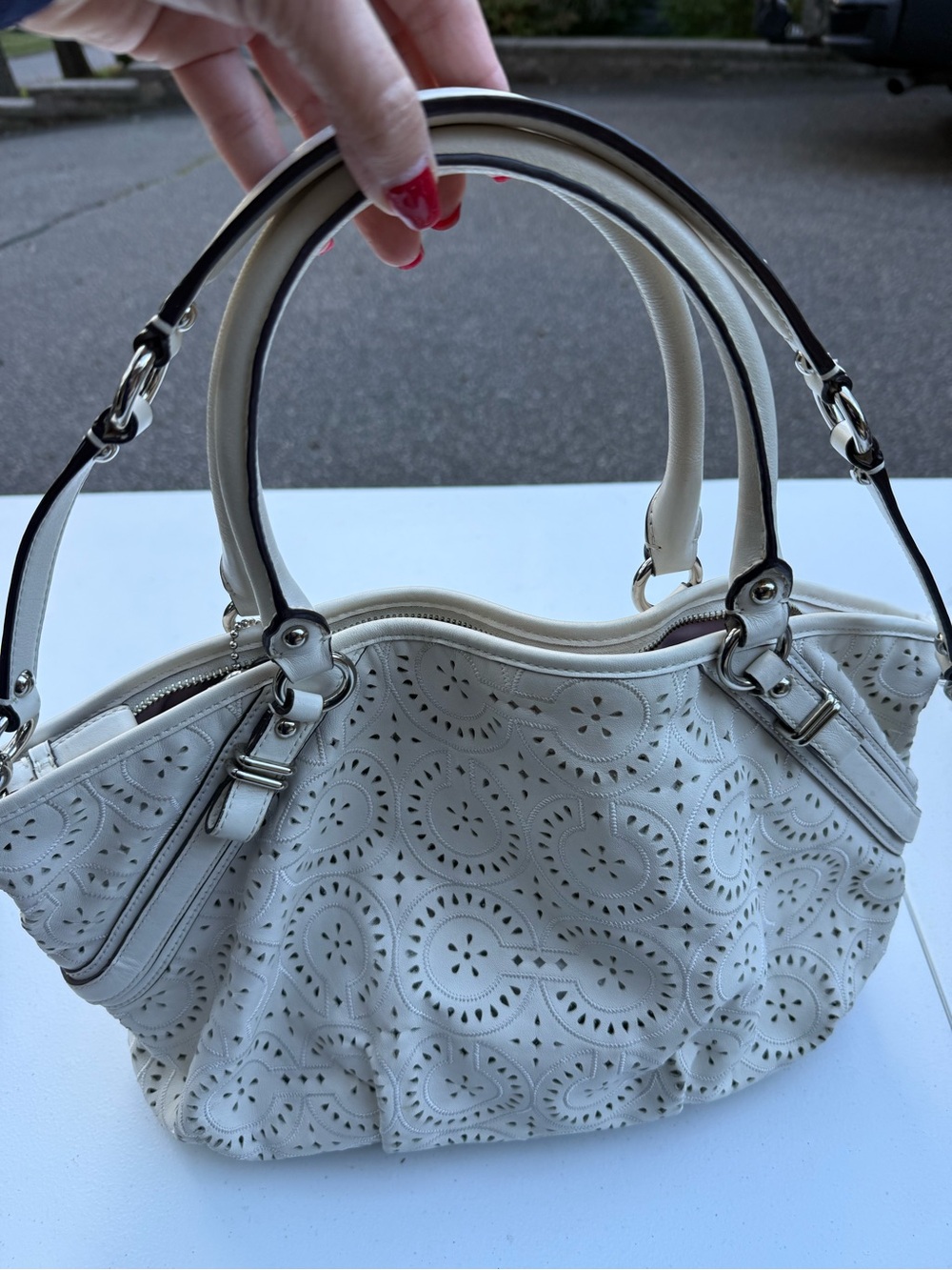 Coach White Leather Madison Sophia Laser-Cut Leather Shoulder Bag